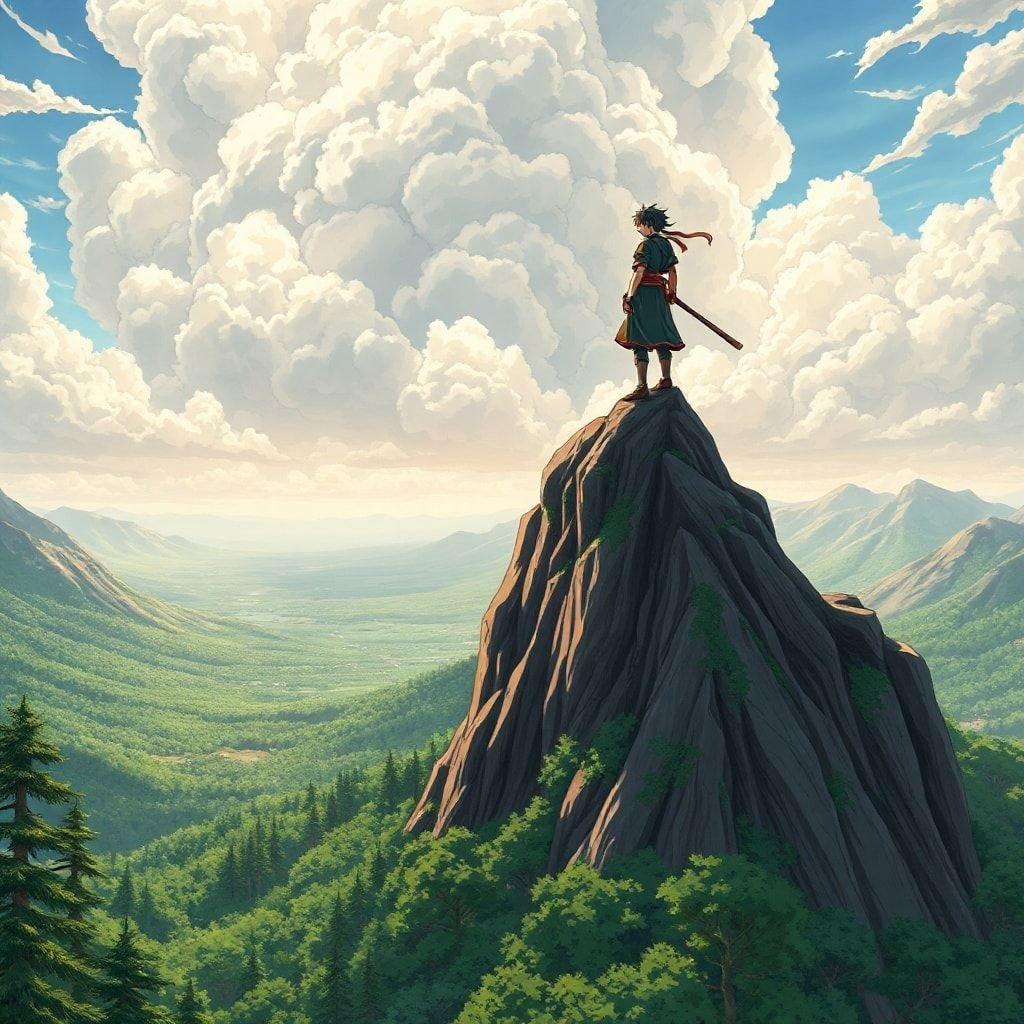 A young ninja sits atop a mountain peak, overlooking a lush green forest and a valley below. The scene is set against a cloudy sky, creating an enchanting atmosphere.