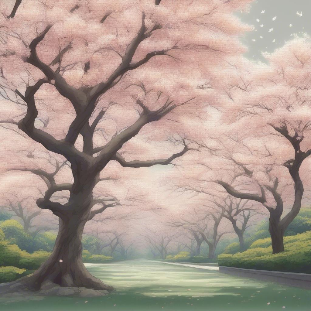 Step into the tranquil beauty of a garden alive with cherry blossom trees. The delicate pink and white blooms contrast beautifully against the lush greenery and the soft gray sky, creating an enchanting scene straight out of an anime adventure.