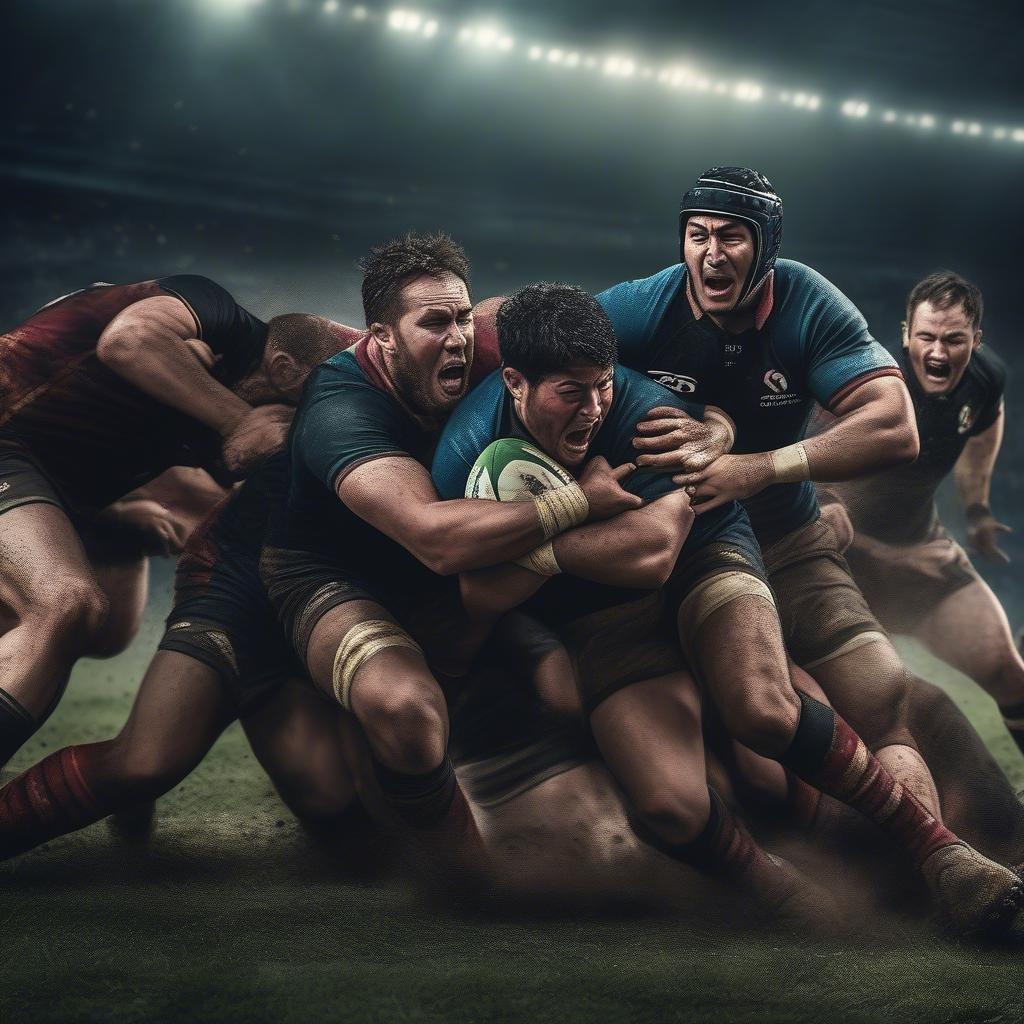 A dramatic moment in a rugby match, with players from two teams pushing against each other, embodying the physicality and intensity of the sport.