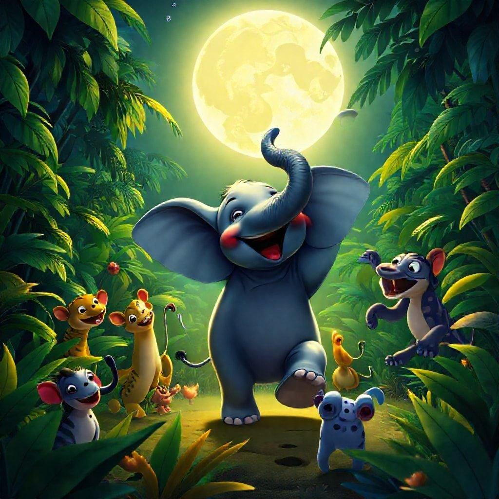 A cartoon depicting a nighttime adventure with friends, set in the jungle under the full moon.