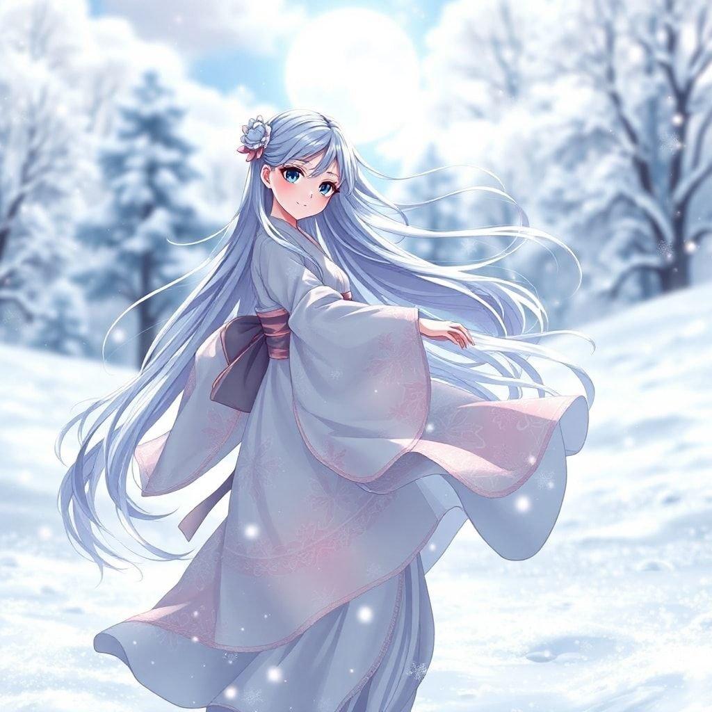 En vacker animeillustration av en yuki-onna som graciöst dansar mitt i ett snöigt landskap, hennes hår flödar som vattenfall. Konsten fångar den lugna och eteriska naturen av denna vintersjäl, mot en bakgrund av snötäckta träd.