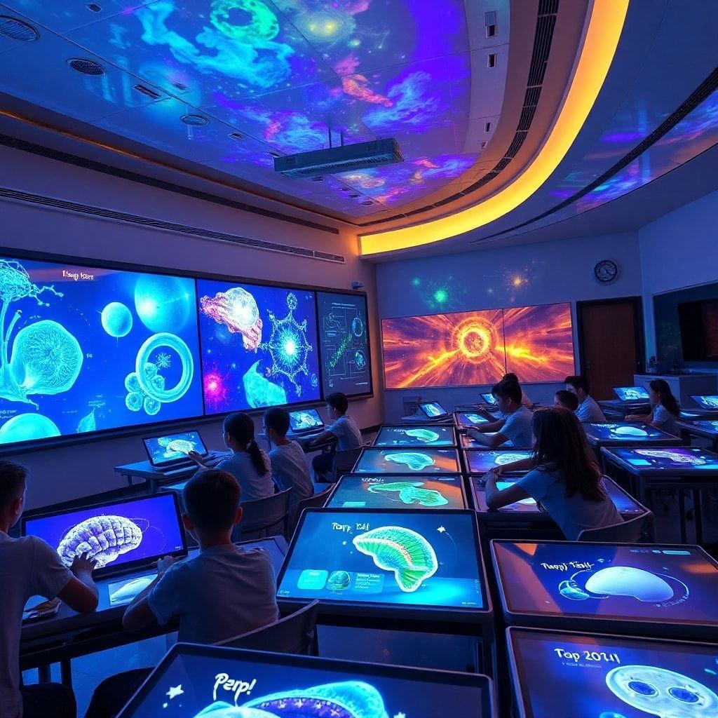 Get ready for a back-to-school journey through the wonders of science, presented with a modern and engaging twist. These students are immersed in a cutting-edge classroom setup designed to inspire curiosity and learning.