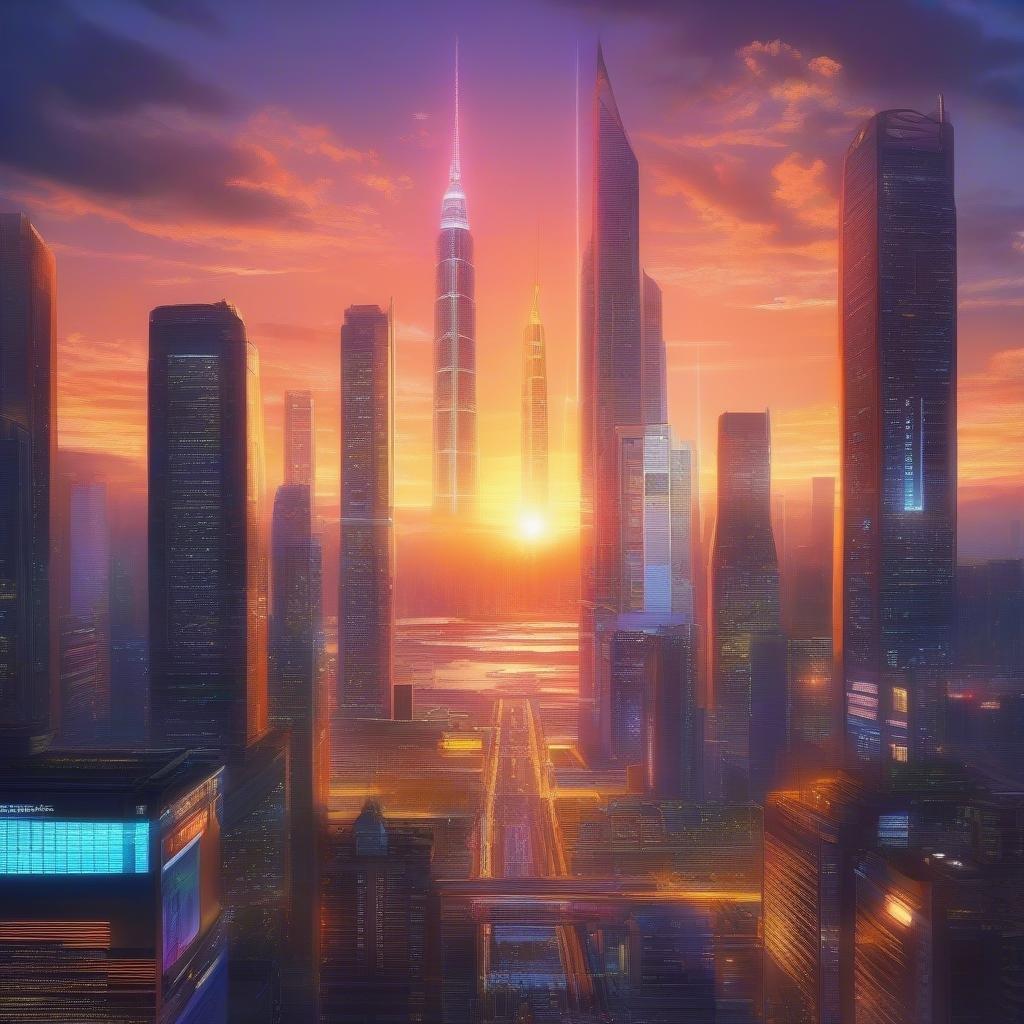 Vivez la tranquillité d'une ville futuriste au crépuscule, où des gratte-ciels imposants et des publicités holographiques se mêlent à l'éclat éthéré du soleil couchant, créant une atmosphère digne d'un anime.