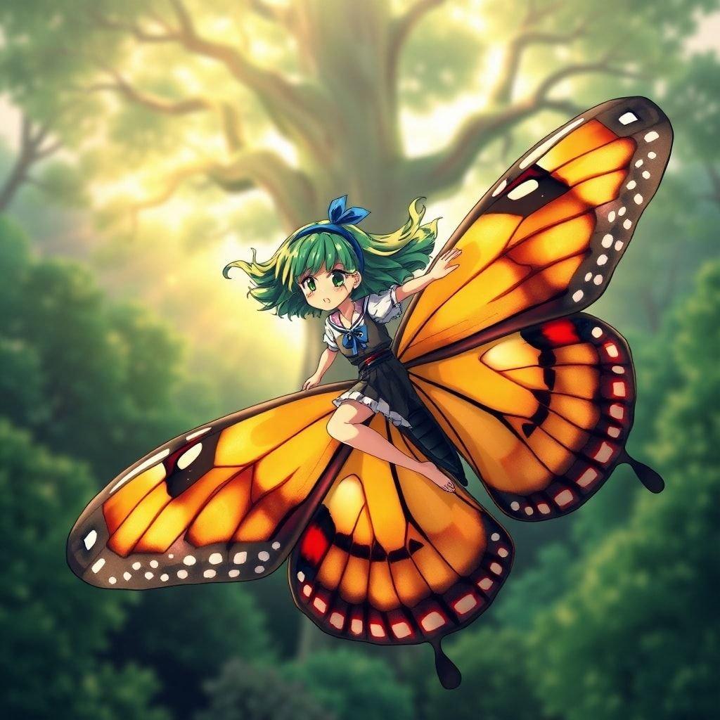 Este impressionante papel de parede apresenta um lindo anjo em estilo anime voando nas costas de uma enorme borboleta. O cabelo do anjo é uma mistura vibrante de verde e amarelo, e ela usa uma faixa azul. As asas da borboleta estão bem abertas, criando um efeito dramático. O fundo é uma floresta verde escura borrada com uma grande árvore ao longe e uma fonte de luz brilhante iluminando. Esta imagem é perfeita para fãs de anime e arte de fantasia.