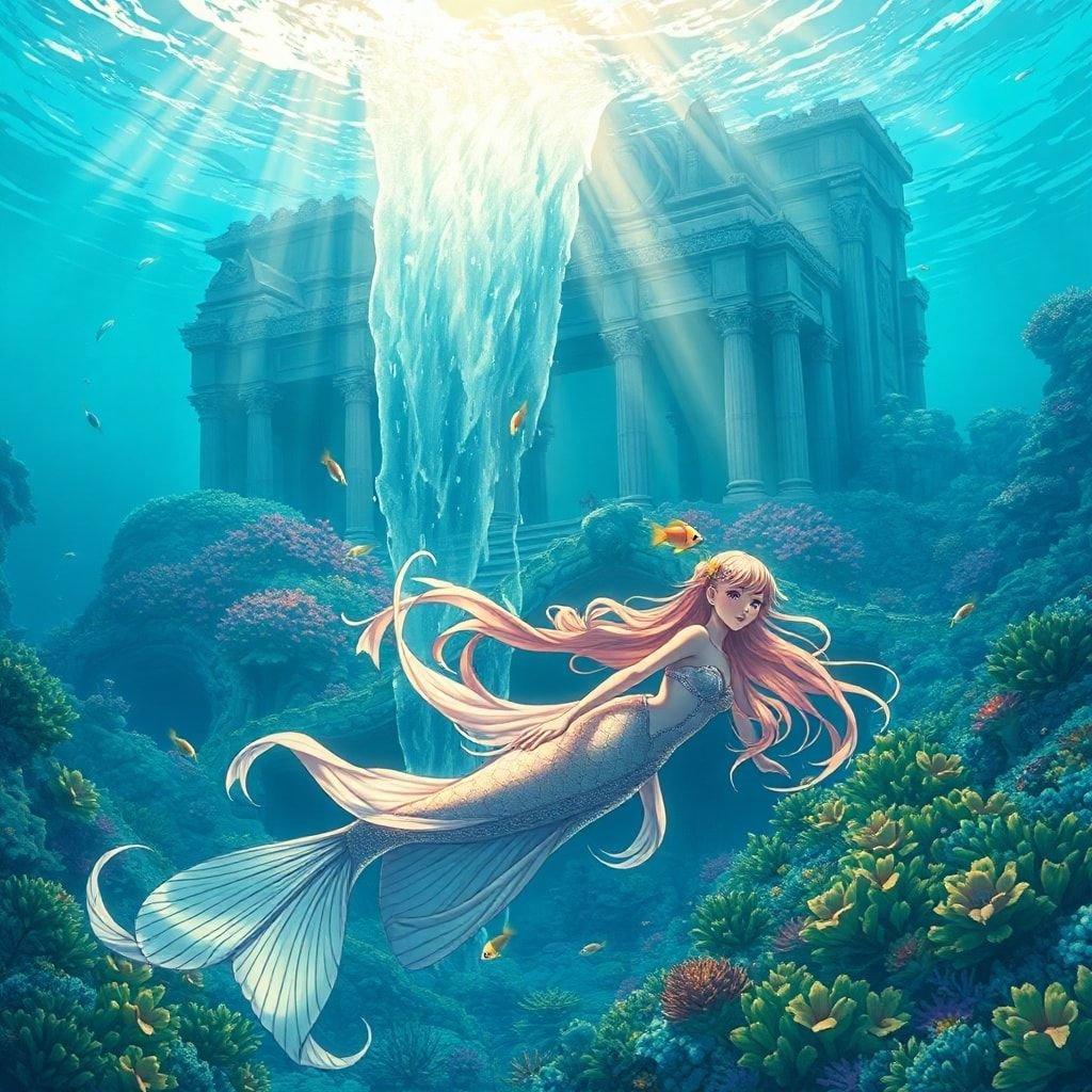 Sumérgete en el mundo místico del anime donde una hermosa sirena nada entre las maravillas del océano, con un majestuoso templo de fondo, creando una atmósfera serena y encantadora.