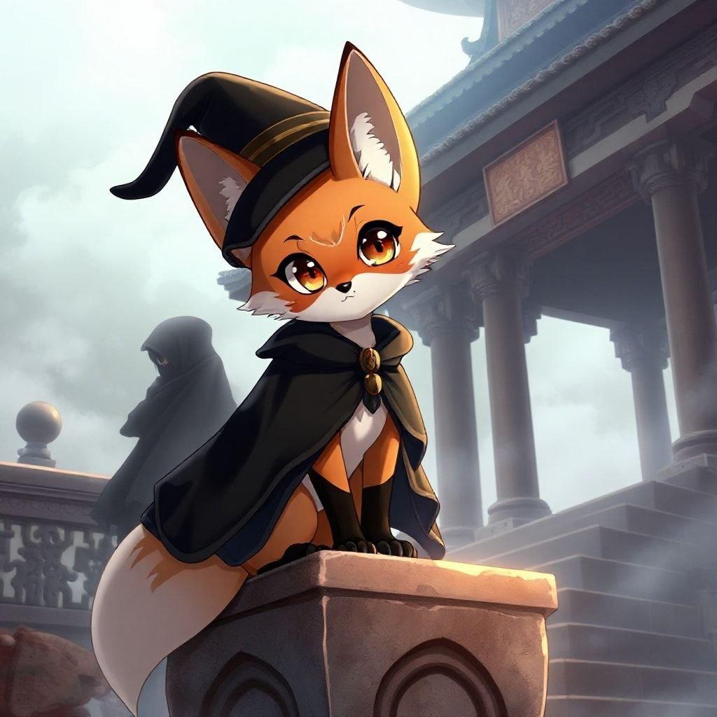 A captivating anime illustration of a young fox spirit, adorned in a black hat and cape, sits on a stone platform amidst a misty temple with intricate carvings and columns, creating an anime-like atmosphere.