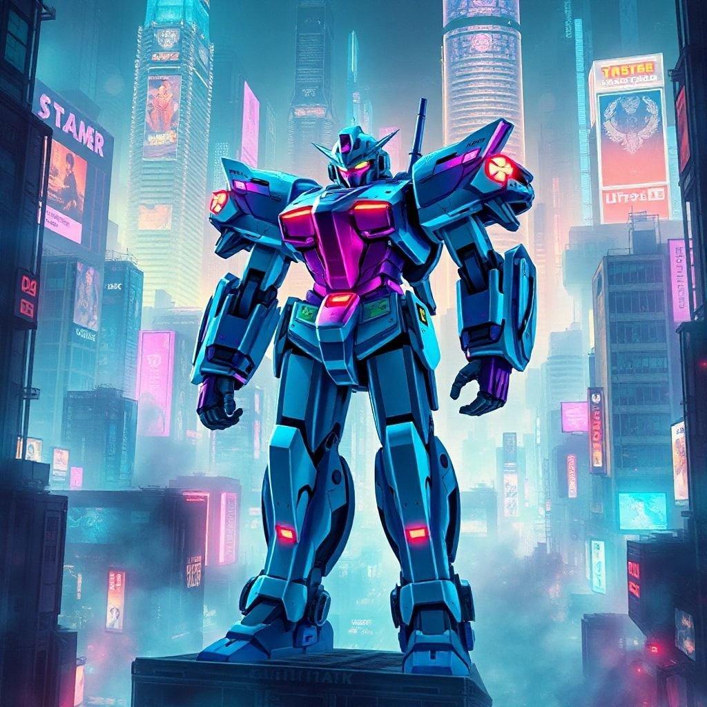 This image captures the essence of an advanced robotic suit in a futuristic urban setting, exuding a sense of strength and readiness. The mecha is depicted with intricate design elements and vibrant colors that draw attention to its impressive form. The cityscape in the background sets the stage for a scene full of potential energy.