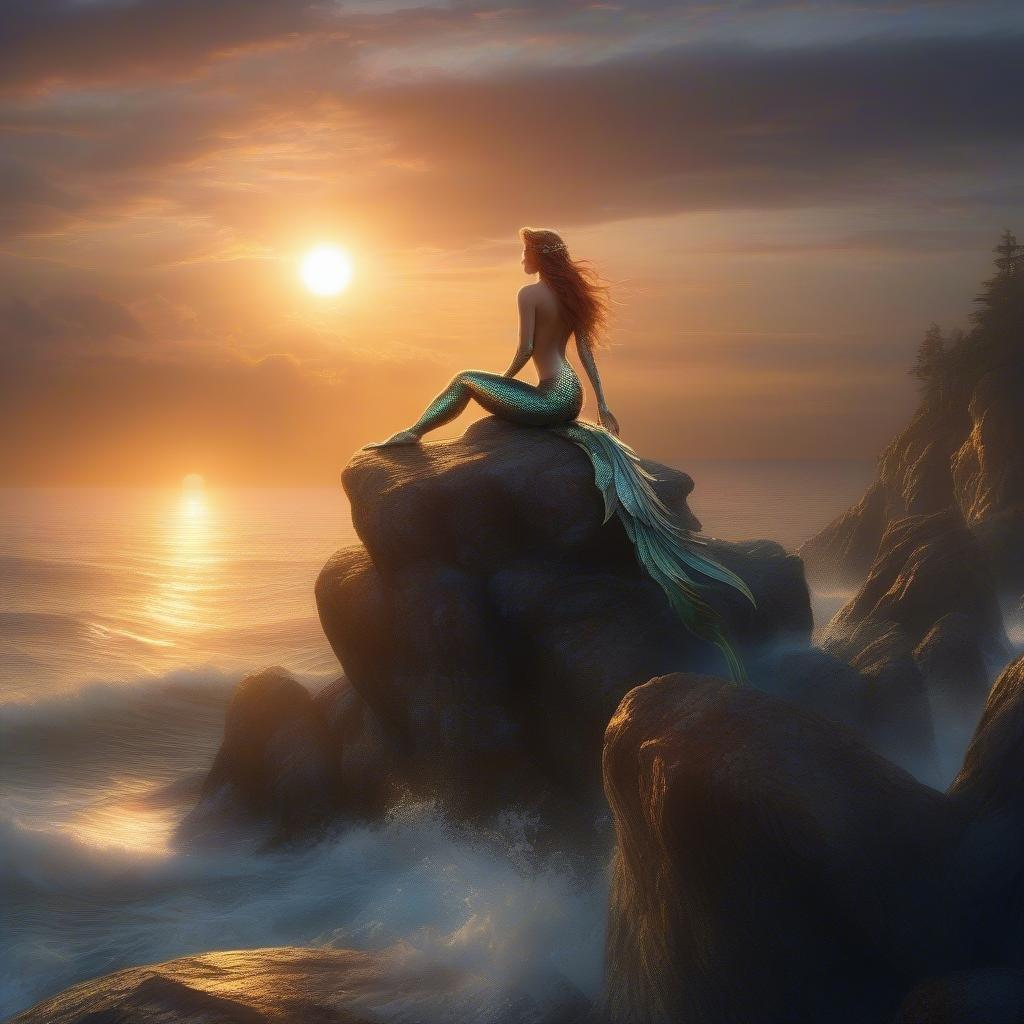 This wallpaper features a stunning mermaid sitting on a rock in the ocean as the sun sets in the background. The mermaid has long, flowing hair and a shimmering tail that catches the light of the setting sun. The sky is painted with hues of orange, pink, and purple, creating a breathtaking sunset scene.