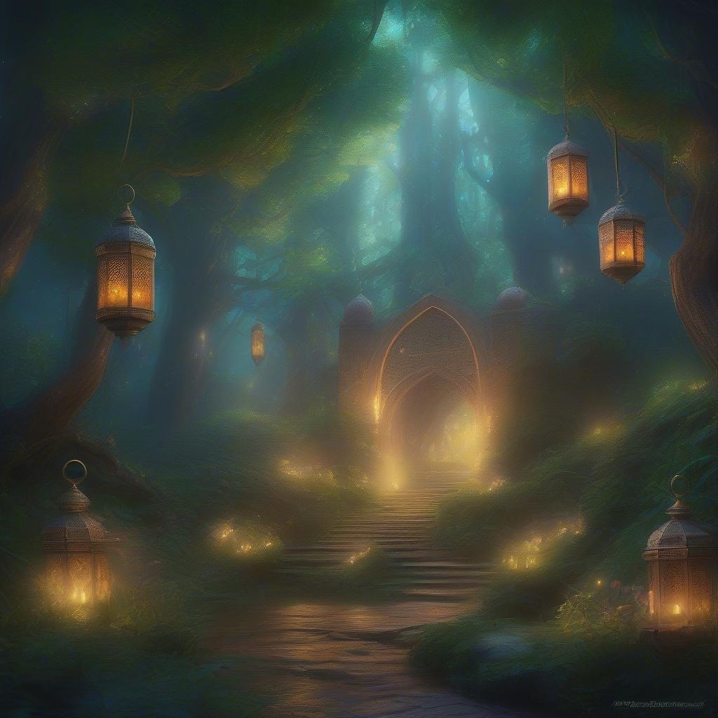 A mystical forest path during the sacred month of Ramadan, leading to a temple-like structure, illuminated by lanterns for the celebration of Eid.