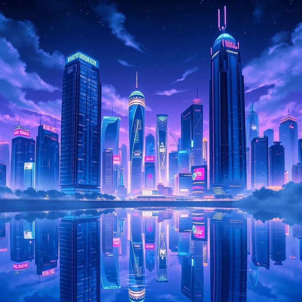 Immerse yourself in the vibrant world of anime with this stunning cityscape wallpaper. The towering skyscrapers reflect off the tranquil lake, creating a breathtaking scene that's both futuristic and serene.