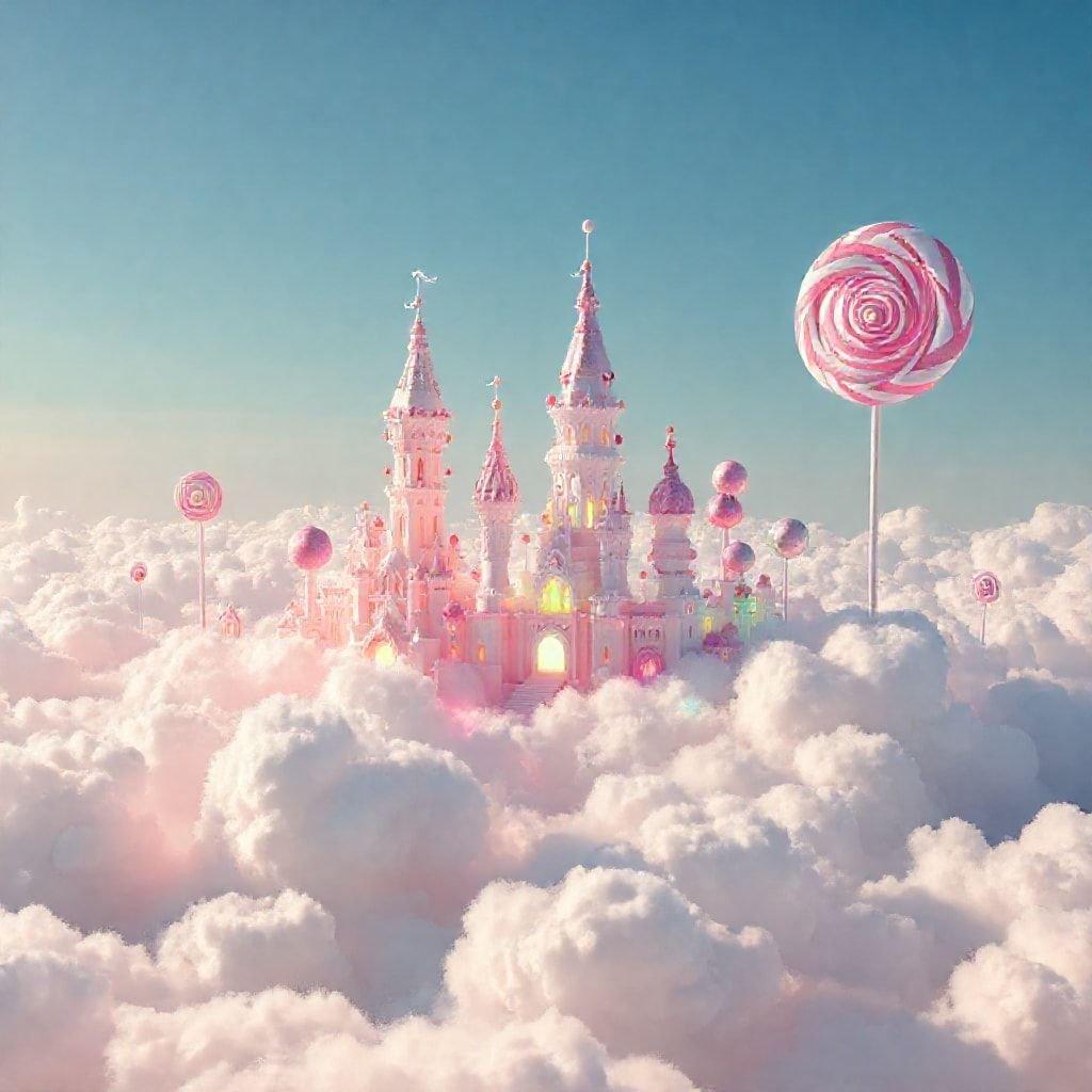 A magical sky castle made of pink candy, complete with clouds and lollipops floating around.