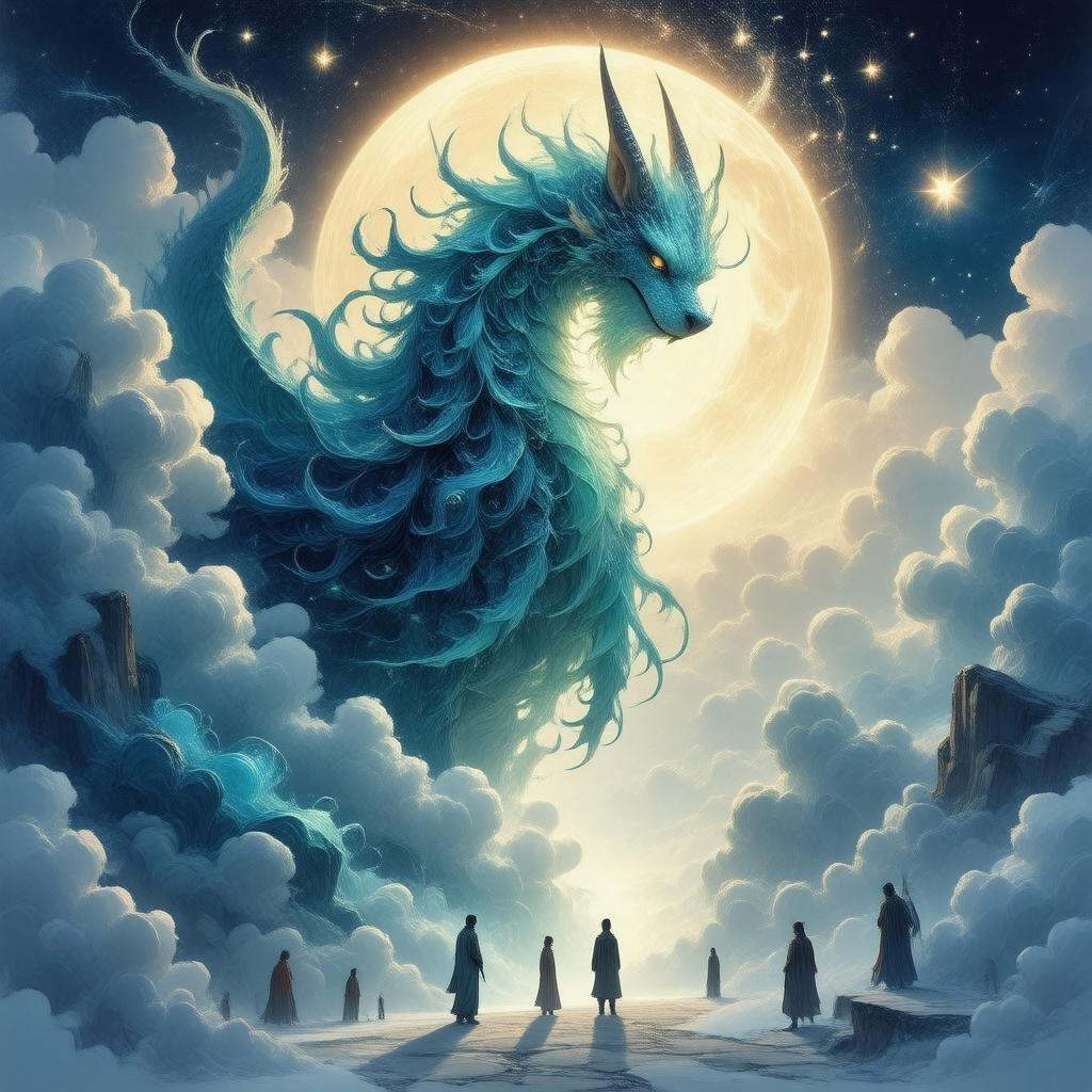 This captivating anime-style wallpaper features a majestic creature with a kaleidoscope of blues and greens, set against a backdrop of swirling clouds and a starry sky. The creature's regal presence is illuminated by the warm glow of the setting sun, creating a moment of tranquility that invites the viewer to step into its world.