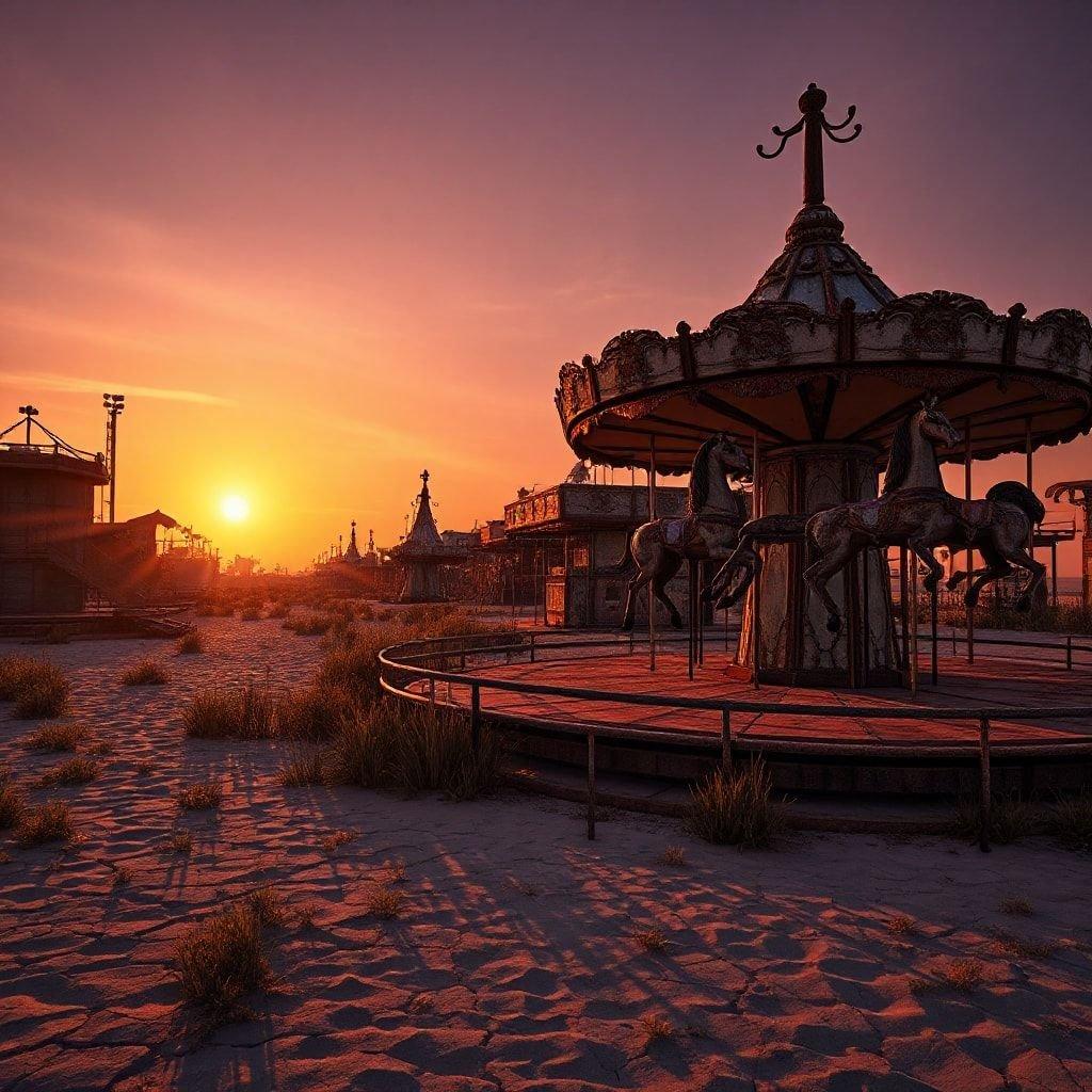 Cette image capture la beauté étrange d'un parc d'attractions abandonné au coucher du soleil. Le ciel orange vibrant et les manèges rouillés et envahis par la végétation créent une scène d'une beauté troublante qui évoque un sentiment de nostalgie et d'abandon.