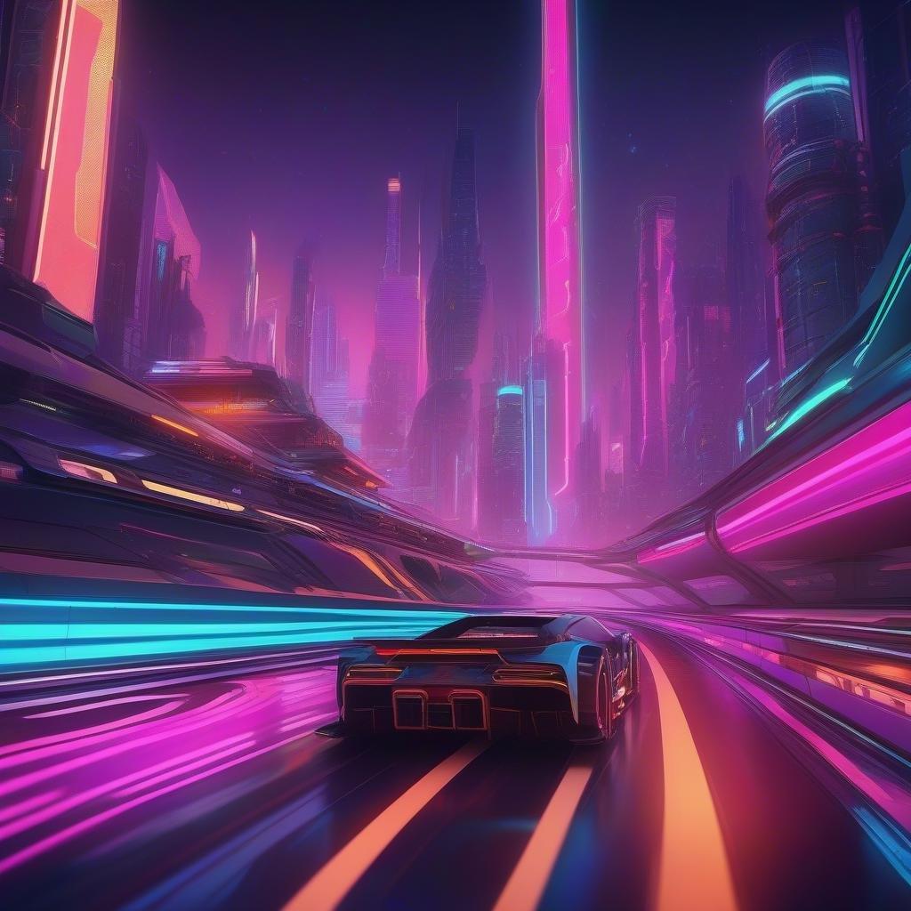 Dive into the vibrant, cyberpunk dreamscape where speed and technology reign supreme. Blur through the neon-lit streets of this futuristic city in your high-tech sports car.