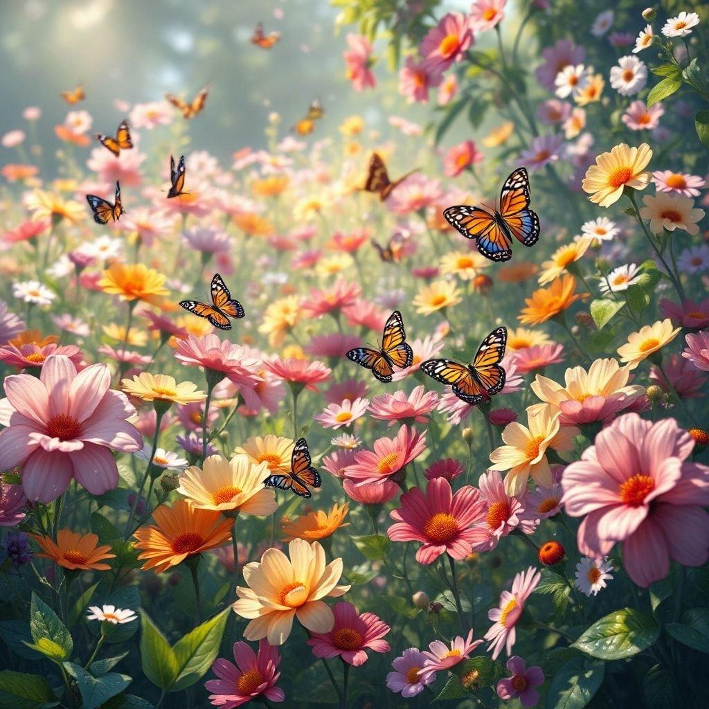 A vibrant field of flowers, teeming with butterflies, creating a lively and picturesque scene perfect for your desktop background.