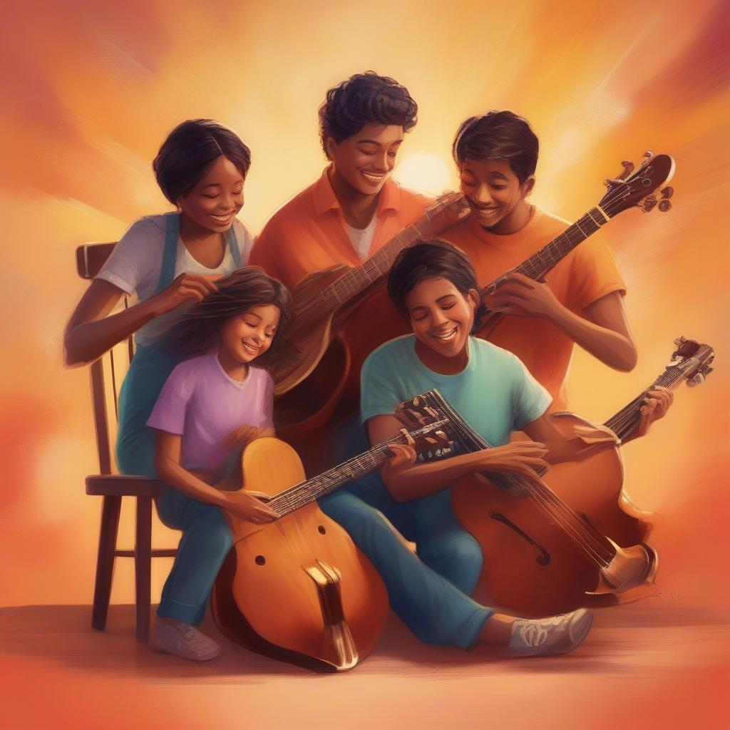 A heartwarming illustration celebrating the joy of playing music together as a family on Father's Day.