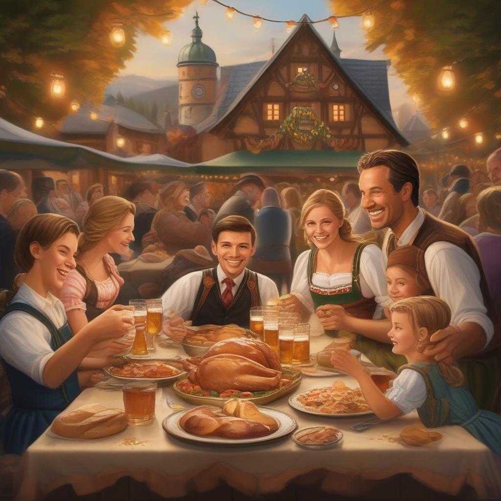 This image captures the essence of Oktoberfest, a beloved German festival, as a group of friends and family come together to celebrate and enjoy each other's company.