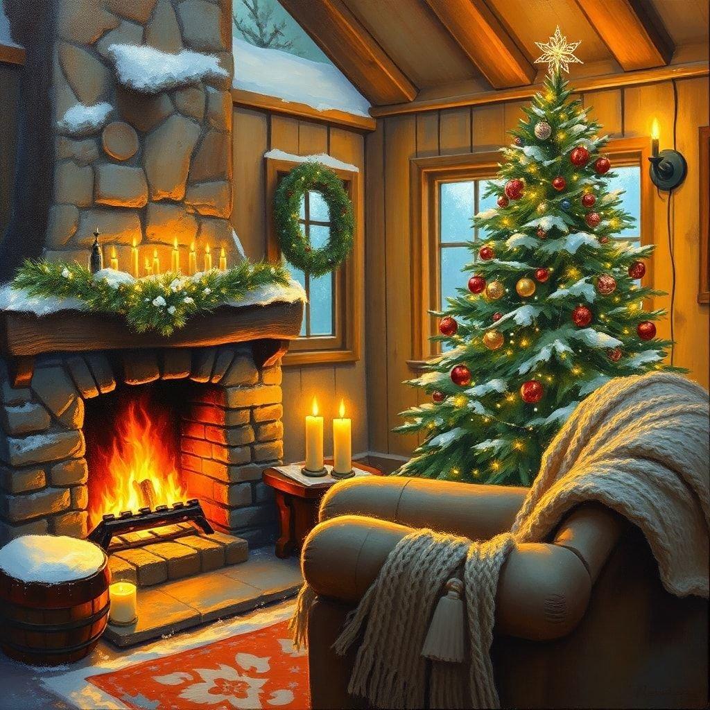 A warm, inviting living room scene with a roaring fireplace, Christmas decorations, and a comfortable couch for relaxation.