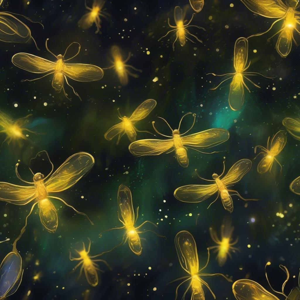 A mesmerizing abstract depiction of a swarm of golden flies, each one uniquely detailed against a dark backdrop speckled with gold stars, embodying the limitlessness of nature.