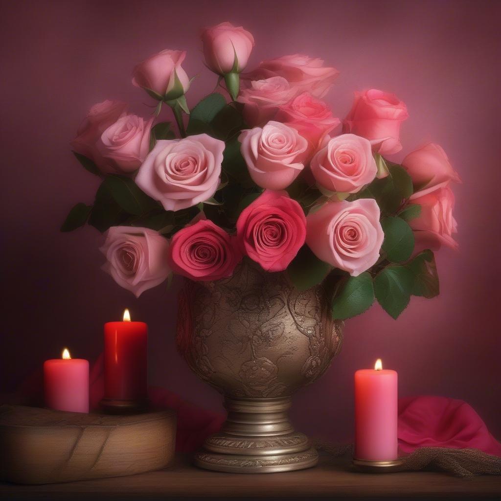 Add a touch of love to your desktop or mobile with this beautiful bouquet of pink roses, meticulously arranged in a vase and adorned with pink candles that glow softly. Perfect for Valentine's Day or any special occasion.