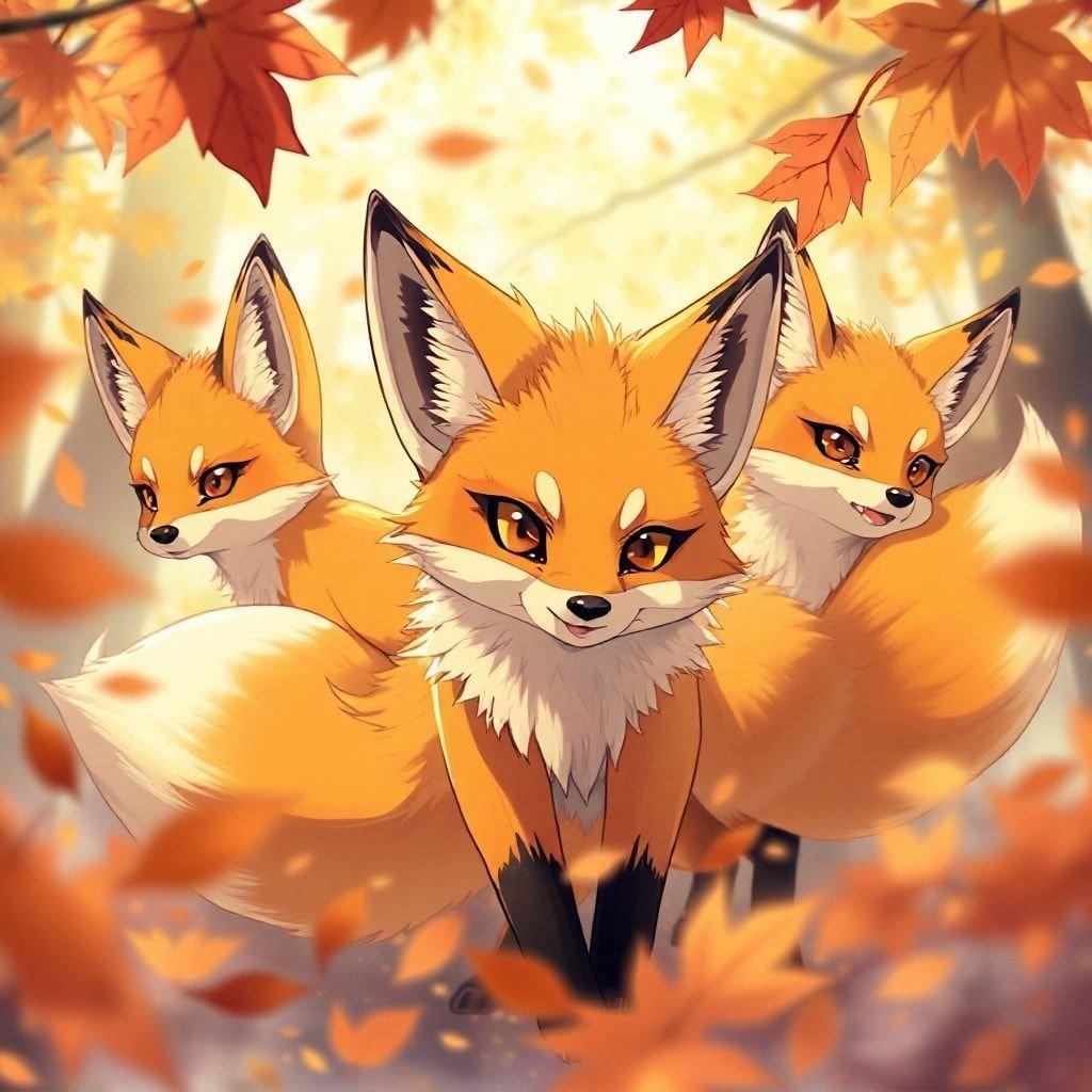 A captivating anime illustration featuring a group of mischievous fox spirits amidst the vibrant hues of autumn. Their orange and yellow fur stands out against the blurred, mysterious background, evoking a sense of movement and curiosity.