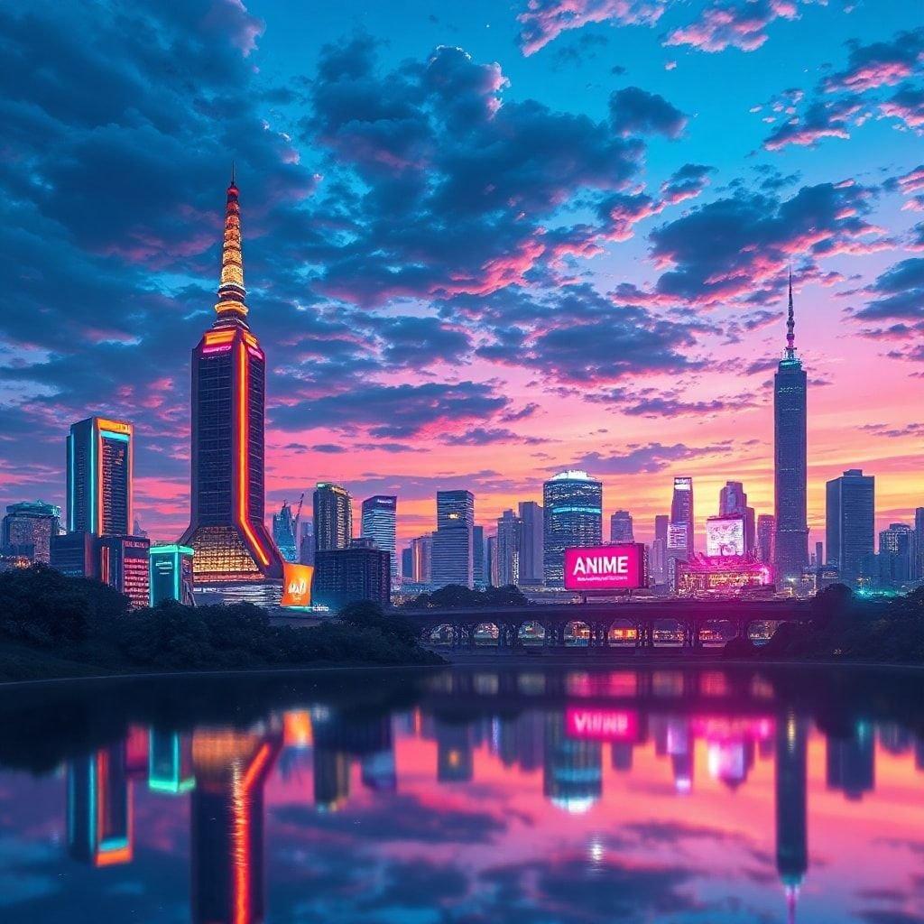 Experience the tranquility of a Tokyo sunset with this stunning anime-inspired wallpaper. The serene lake and vibrant cityscape blend together in perfect harmony, creating a breathtaking scene that's sure to captivate your senses.