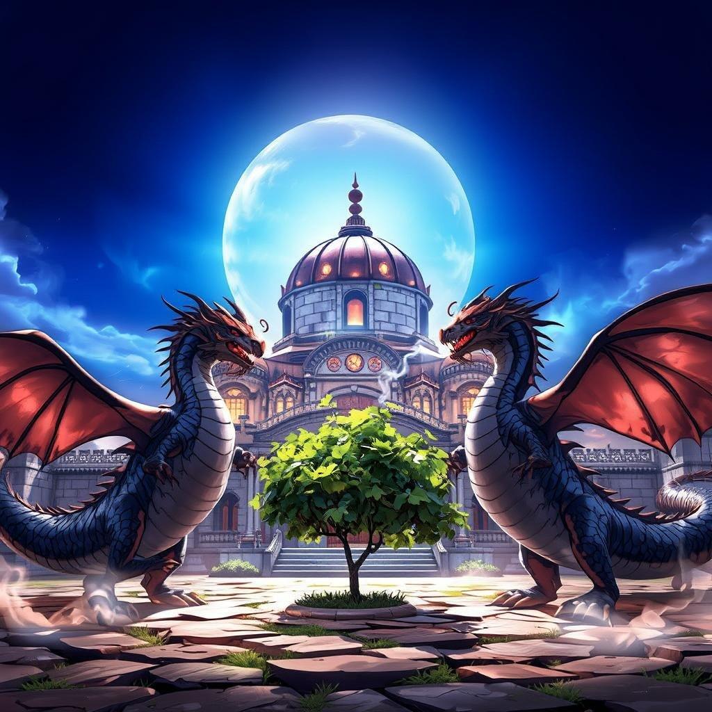 This stunning anime wallpaper features four dragons dancing around a majestic palace, set against a vibrant blue sky. The palace's stone structure and large dome with a smaller dome on top create a striking backdrop for the dragons' dynamic pose.