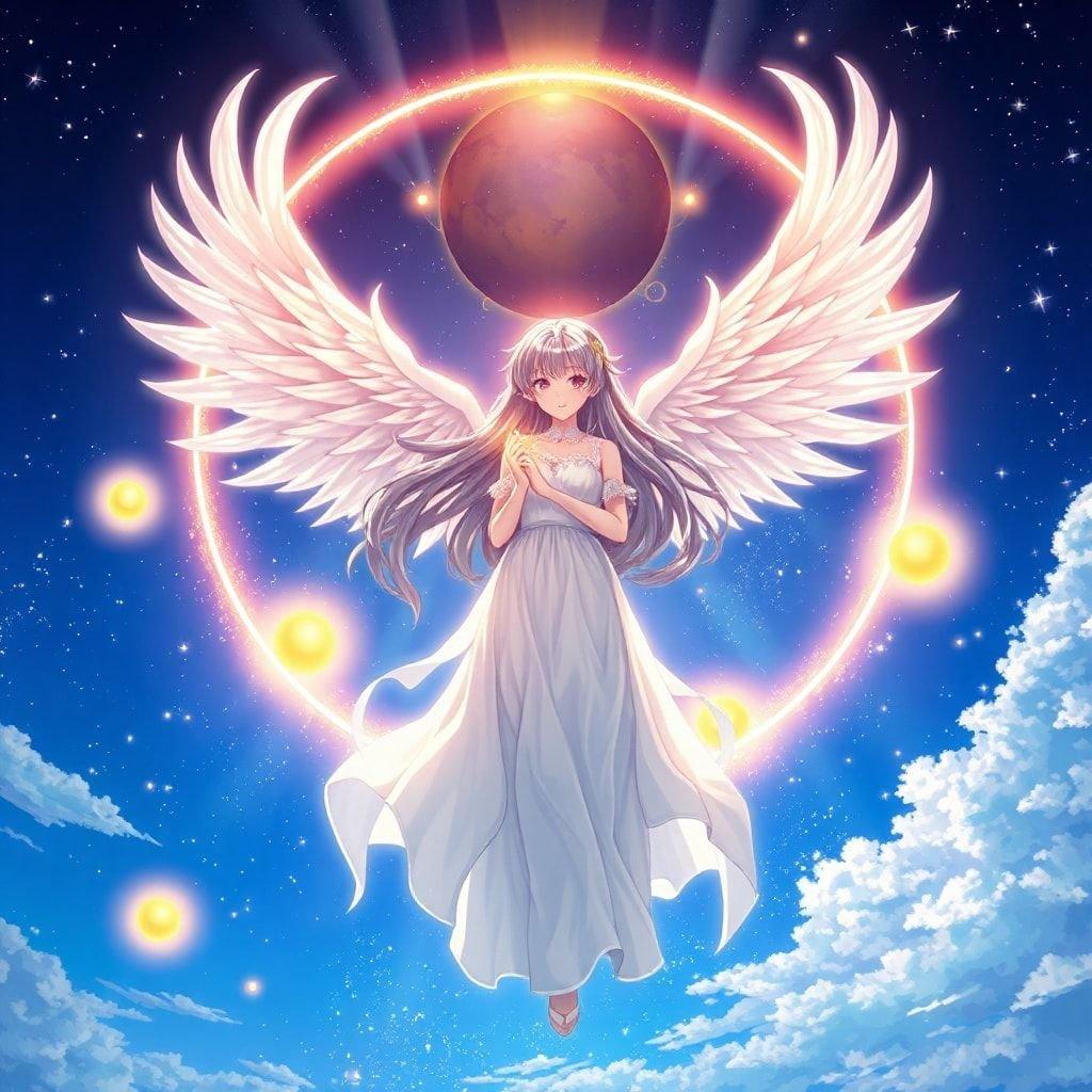 Esta bela ilustração em estilo anime apresenta uma garota com cabelos longos e fluídos e um vestido branco, cercada por um círculo de luz e orbes no céu.