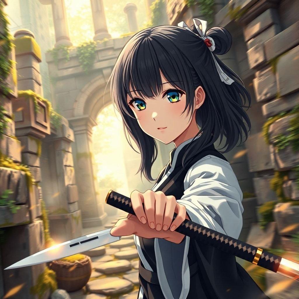 This captivating anime illustration features a young girl dressed in black and white, navigating through ancient Japanese ruins. Her direct gaze at the viewer creates an anime-like image of a katana, adding a sense of intrigue to the scene. The blurred background enhances the sense of motion, making the image feel dynamic and engaging.