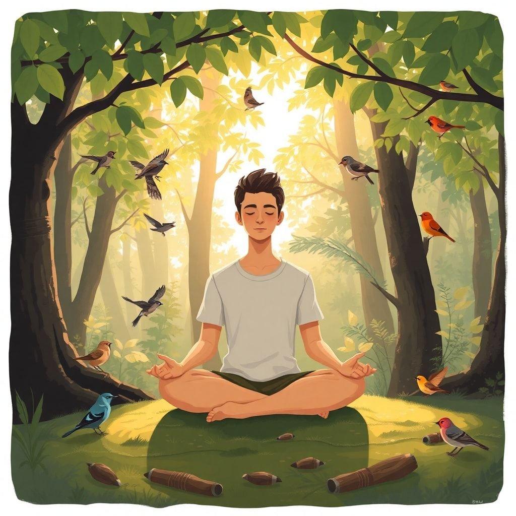 Find inner peace and tranquility with this serene meditation wallpaper, featuring a person meditating in a peaceful forest setting.