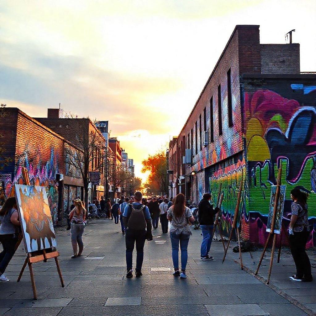 Uma animada galeria de arte ao ar livre banhada pelo calor de um pôr do sol, exibindo murais vívidos e telas em paredes de tijolos. Uma multidão desfruta da atmosfera urbana com vendedores de rua presentes.