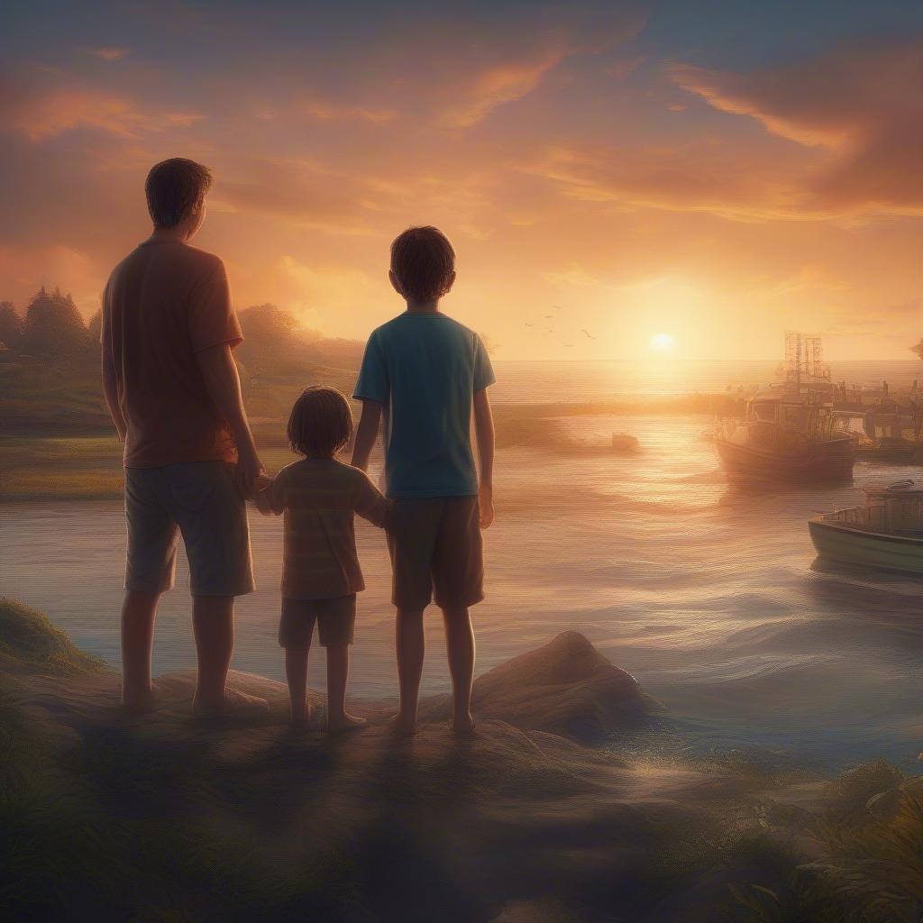 A father stands with his children on the shore, watching the sun set behind a fishing fleet in a serene harbor scene, making it the perfect backdrop for this Father's Day wallpaper.