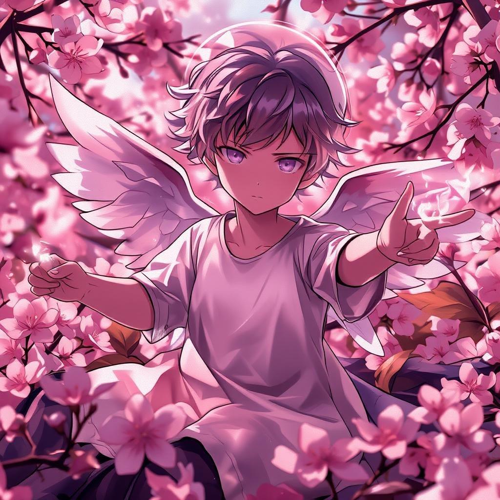 This image captures a serene moment of an angelic figure amidst a field of cherry blossoms. The gentle giant, with its arms outstretched, seems to be directing the viewer's attention towards the beautiful blooms that fill the background. With a soft and warm color palette, the image exudes a sense of tranquility.