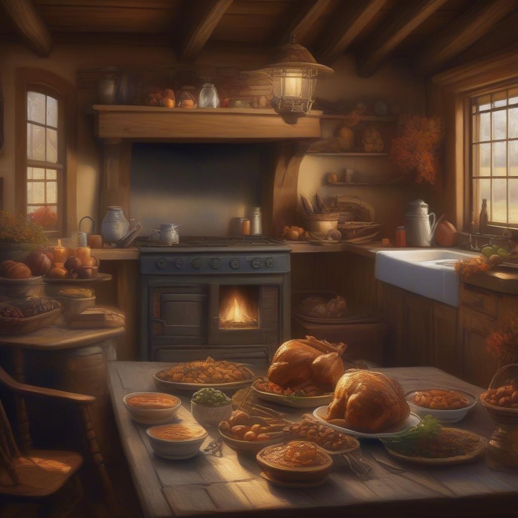 This wallpaper captures the essence of a traditional Thanksgiving feast, with a beautifully set table and a delicious spread of food.