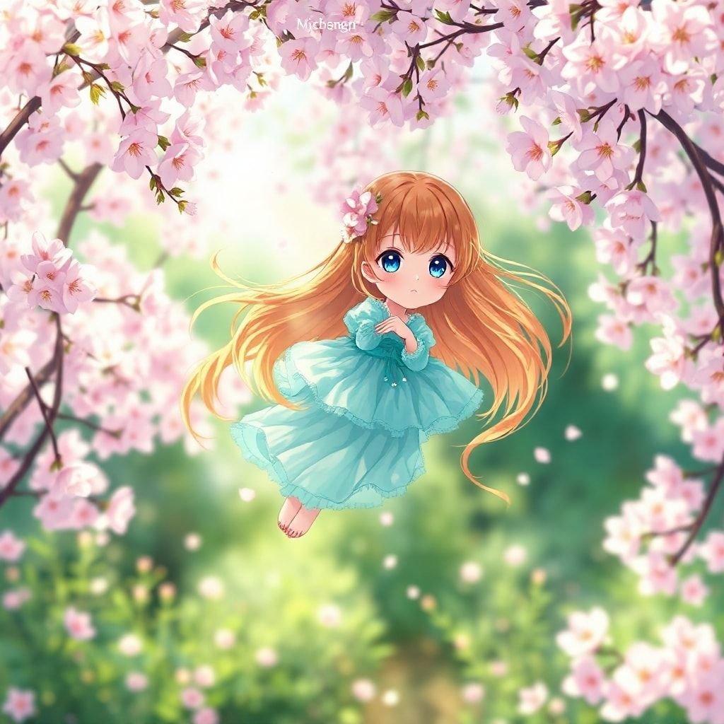 This stunning anime wallpaper features a young girl floating in a garden of blooming sakura trees. The delicate petals of the sakura trees are a focal point, with a kaleidoscope of blue and green hues. The girl's hair is a vibrant yellow and orange, adding a pop of color to the scene. The background is a blur of green and brown, adding depth and highlighting the intricate details of the sakura trees.