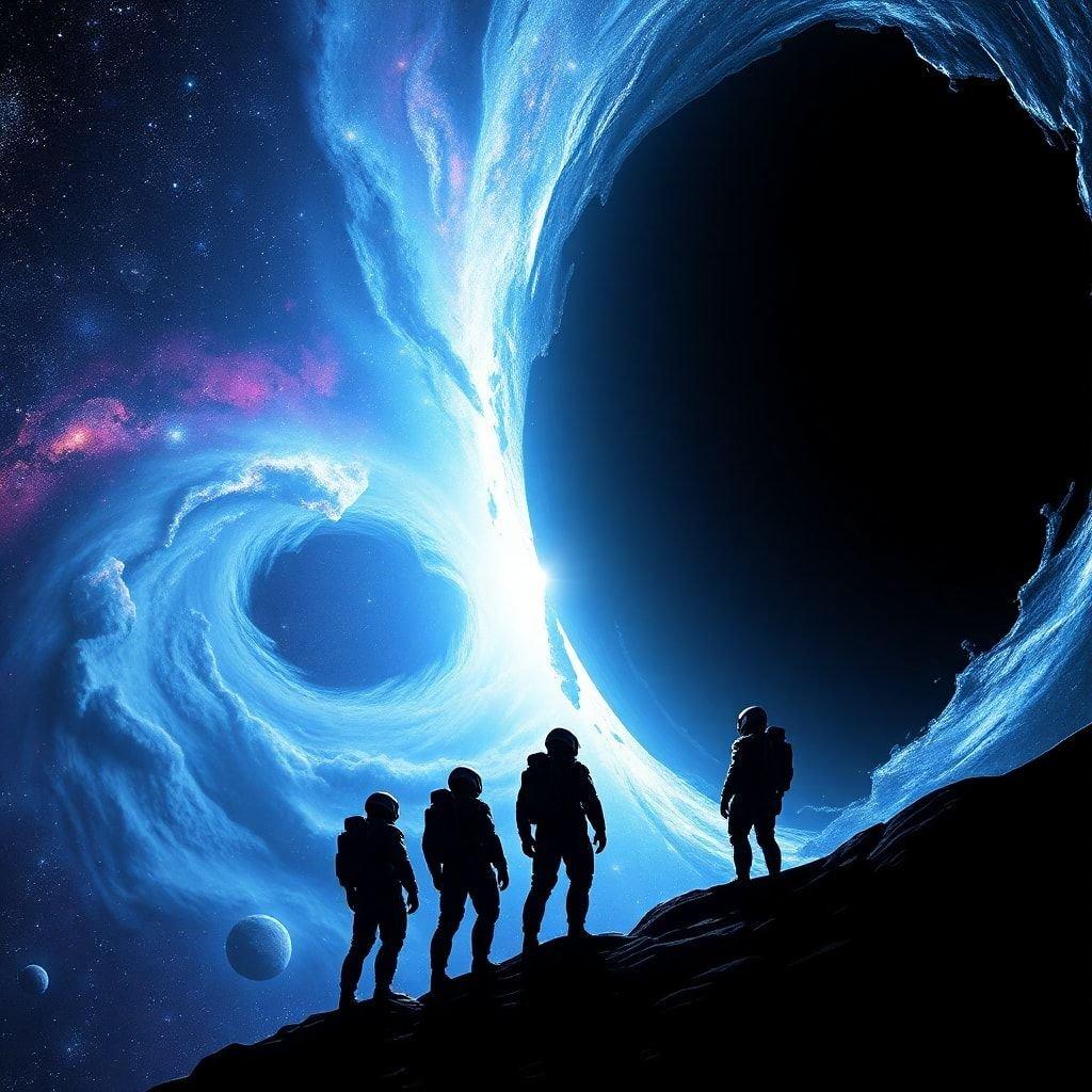 In this captivating sci-fi landscape, a group of astronauts stand in awe, gazing at the immense power of a black hole. The black hole's event horizon, a boundary beyond which nothing can escape, is depicted in stunning detail, with its intense gravitational pull warping the surrounding space-time continuum.