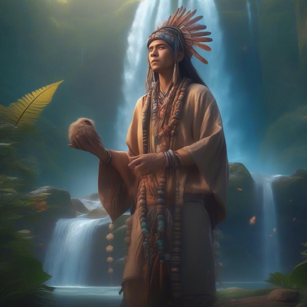 In this scene, we meet a warrior from an ancient civilization, clad in traditional garb that speaks to their heritage and role in their society. The backdrop is a mystical waterfall and jungle, adding to the sense of wonder and adventure.