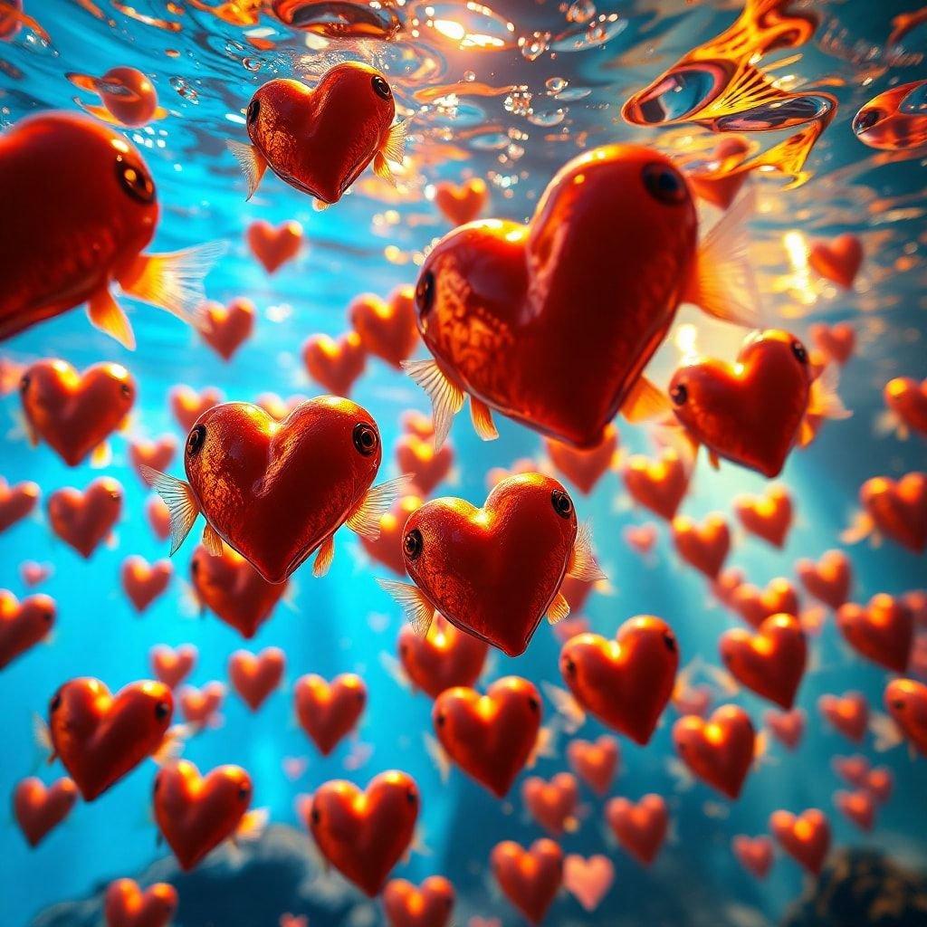 This stunning wallpaper captures the essence of Valentine's Day, featuring a heart-shaped fish swimming in the ocean. The vibrant colors and playful design make it a perfect addition to any desktop or mobile device.