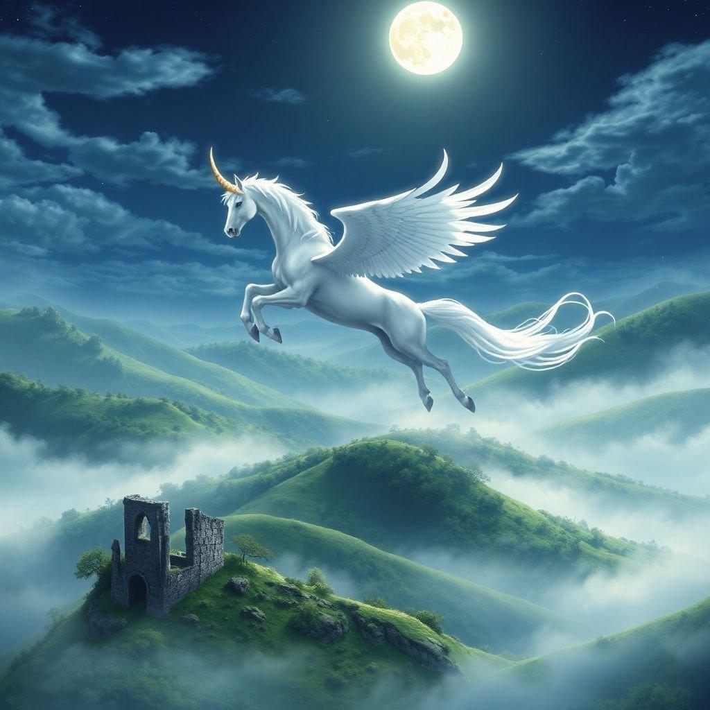 Experience the magic of this Anime-style illustration featuring a majestic white horse with wings spread wide, soaring above a misty landscape of rolling hills and ancient ruins under the soft glow of the moonlit sky.