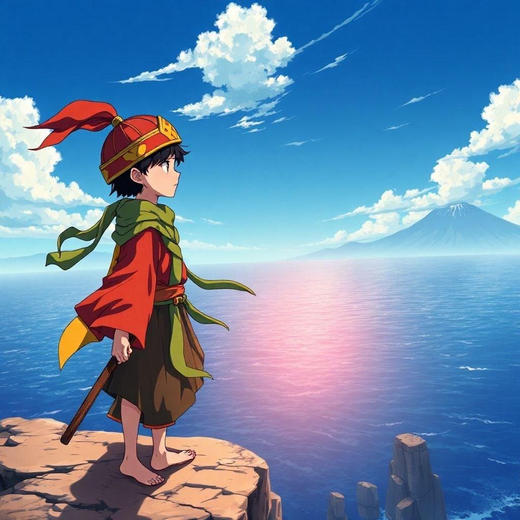 This anime wallpaper features a young samurai standing on a windswept cliff, overlooking the vast ocean below. The samurai is dressed in a colorful outfit with a red and yellow patterned headpiece, a brown hat, and a green scarf, and is holding a small wooden stick in its right hand. The background is a deep blue sky with a distant mountain range, creating a serene and surreal scene that highlights the samurai's expressive expression.