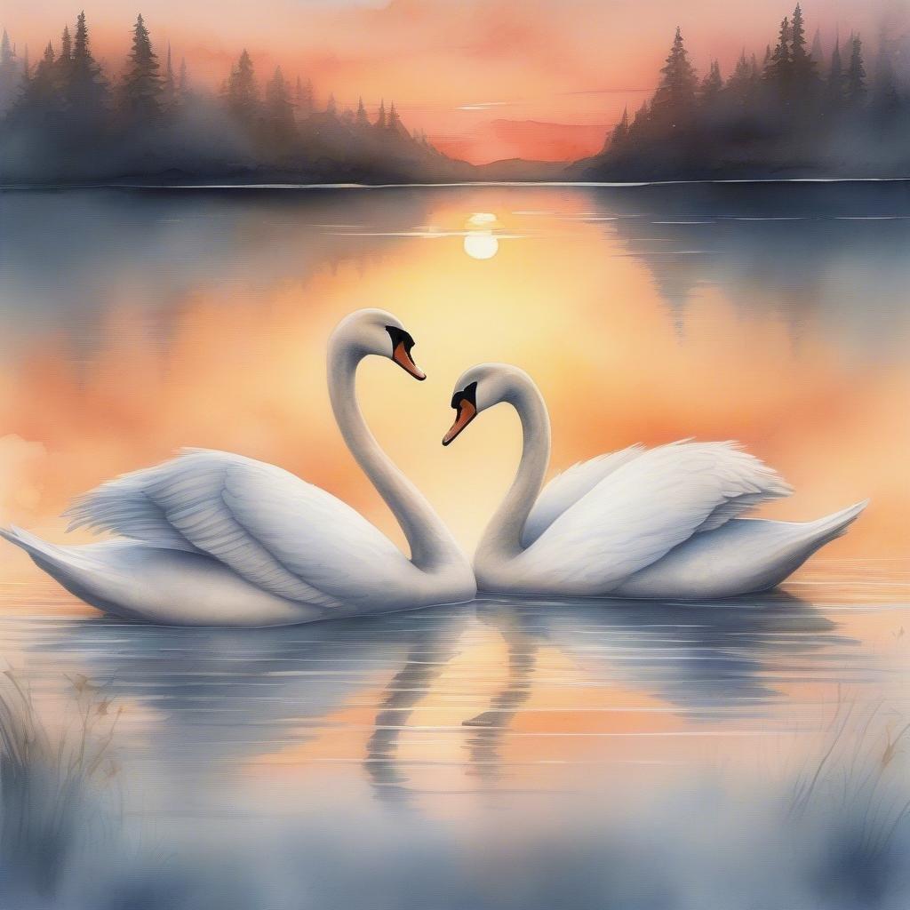 This image depicts a romantic scene as two swans swim together, their necks intertwined in an affectionate embrace, against the backdrop of a beautiful sunset over a serene lake. The warm hues of the sky reflect on the water's surface, adding to the tranquility and romance of this moment.