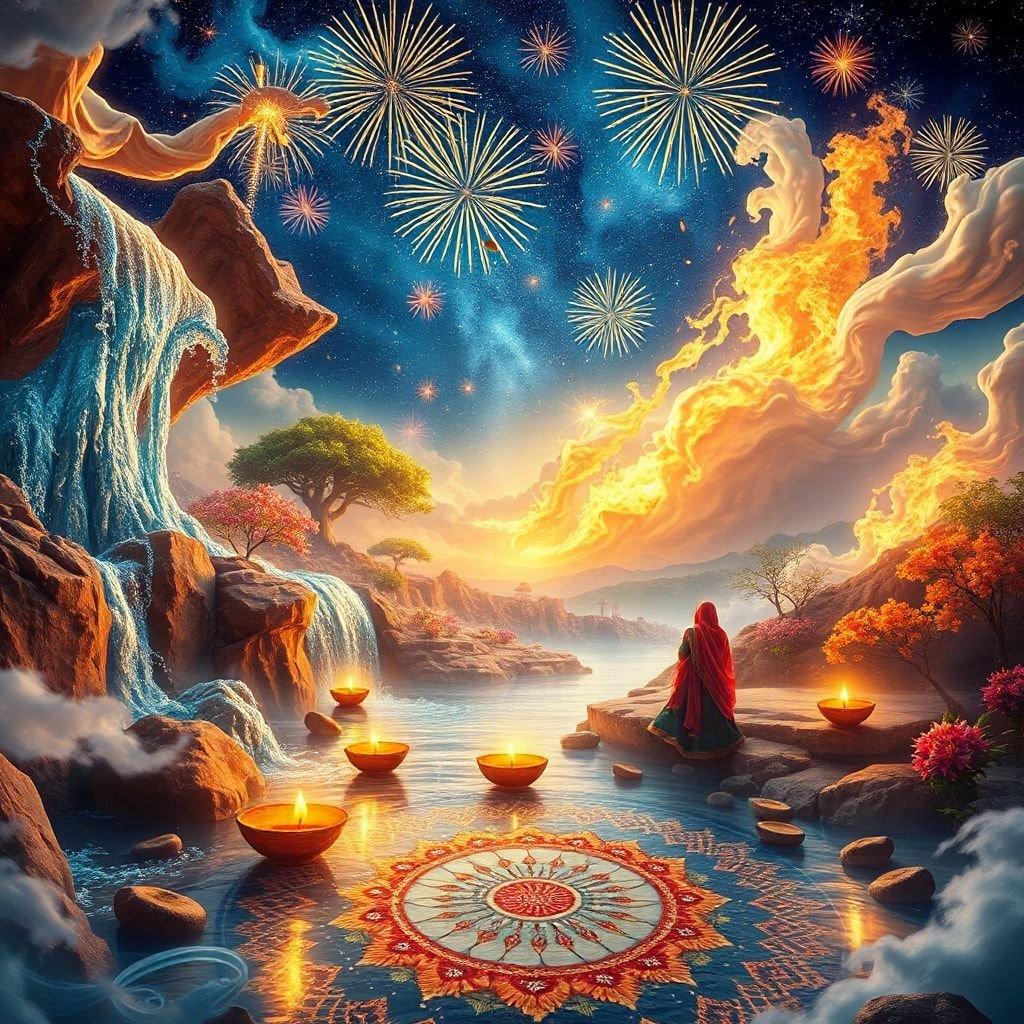 A vibrant digital art celebrating Diwali with fireworks, candles, and a tranquil night sky.