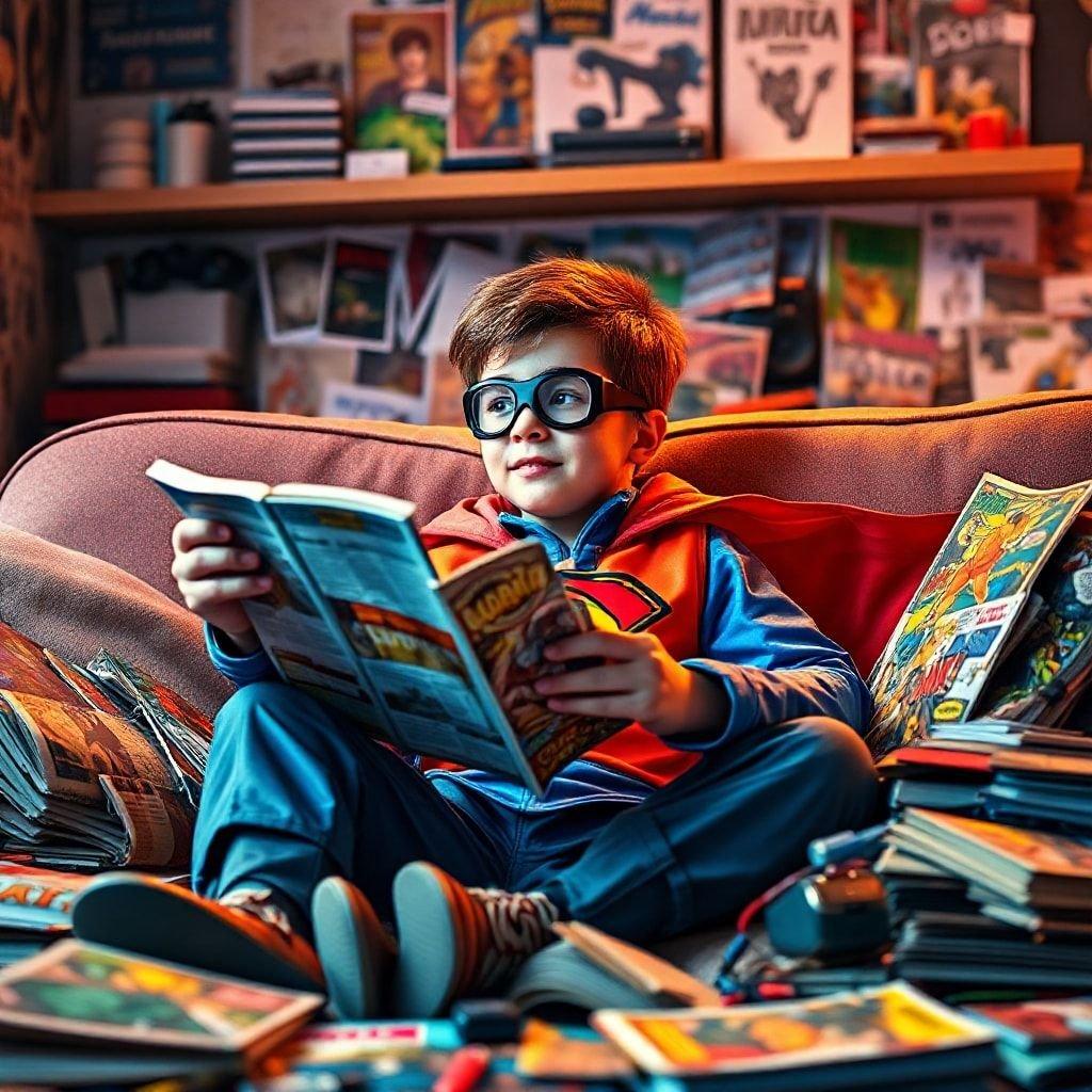 A young boy, wearing his favorite superhero costume, finds joy in reading a comic book while surrounded by more reading materials on the floor. This wallpaper captures the simple pleasure of immersive storytelling and the magic of imagination.