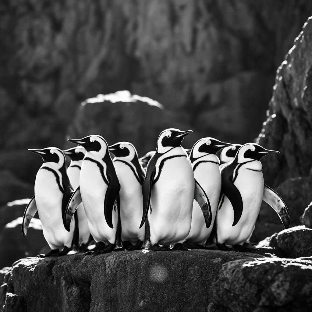 Um grupo de pinguins em preto e branco nas rochas, com um céu claro acima.