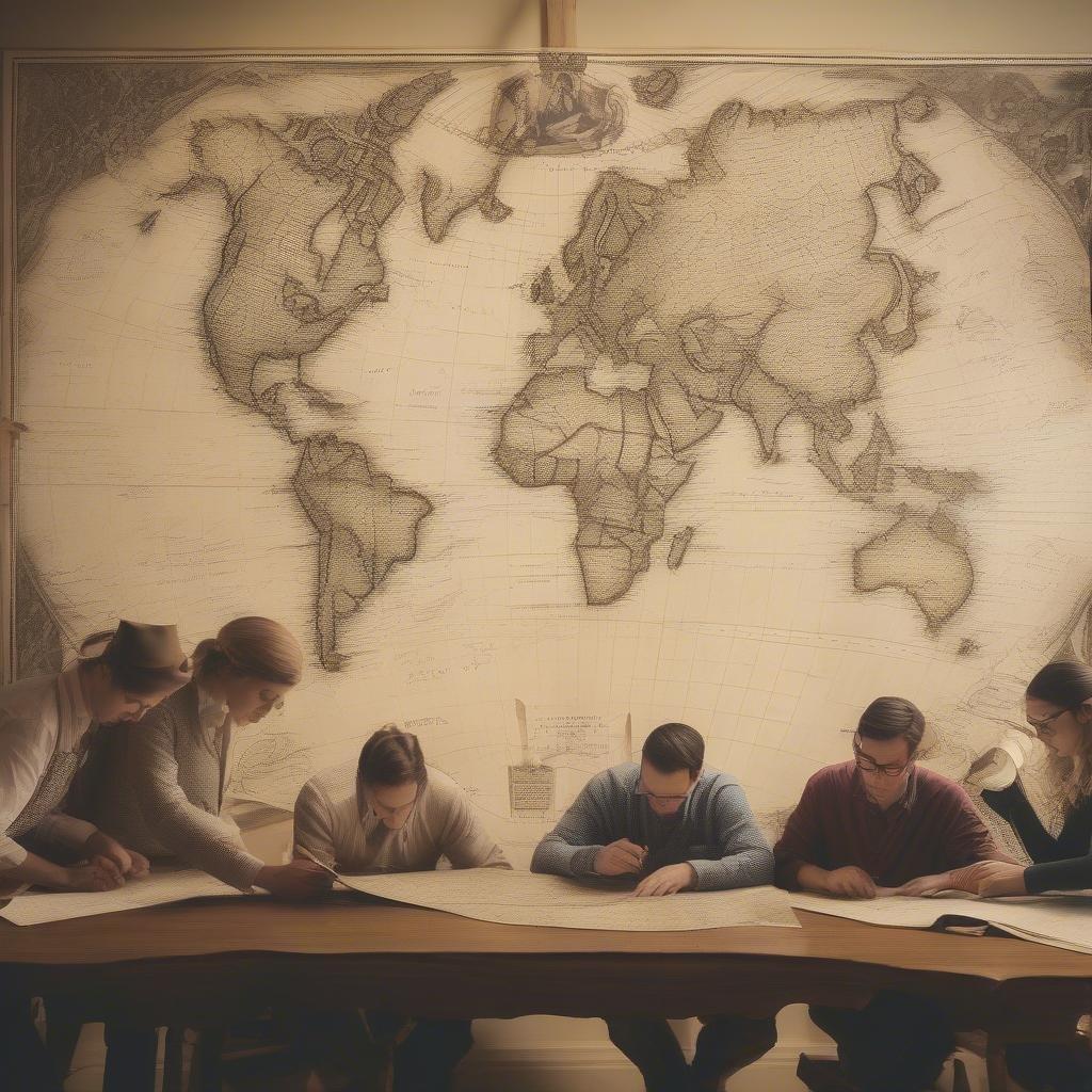 A group of explorers huddled around a world map, planning their next grand adventure.