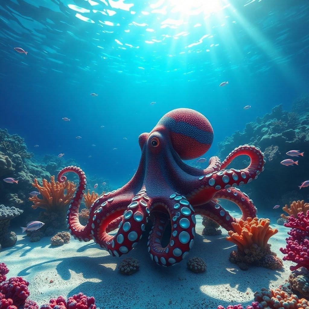 This image captures the beauty of an underwater octopus in its natural habitat. The vibrant colors of the octopus and the coral reef create a stunning visual effect, making it a perfect wallpaper for anyone who loves the ocean and its creatures.