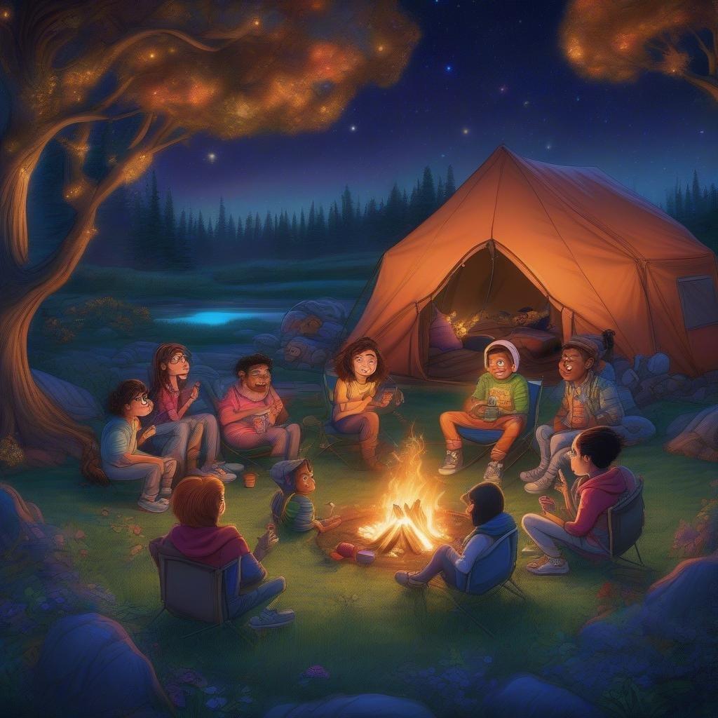 A group of kids gather around the campfire on a beautiful night, sharing stories and making memories under the starlit sky.