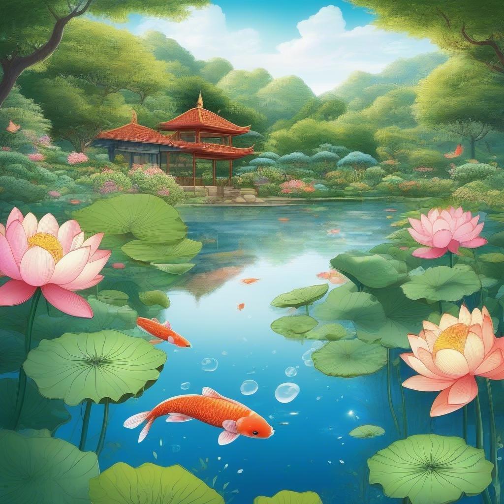 En lugn anime-stil bakgrundsbild med lotusblommor som blommar bland livliga rosa blommor, en lugn damm med koi-fiskar som simmar runt och bakgrunden av en frodig trädgård under en klarblå himmel.