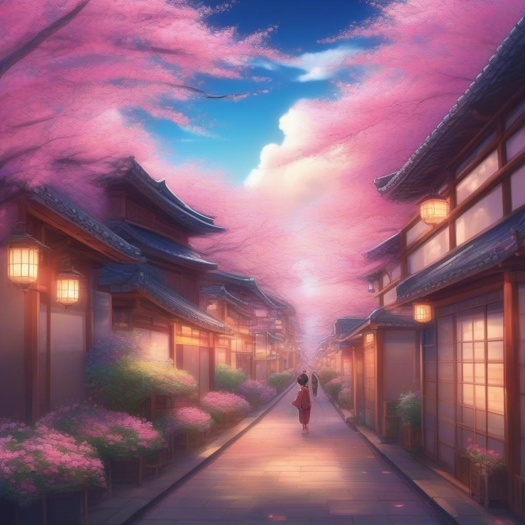 Une charmante rue de style anime au Japon, ornée de cerisiers en fleurs et de fleurs roses, sous un ciel bleu paisible. Une silhouette solitaire se promène sur le chemin, immergée dans ce cadre pittoresque.