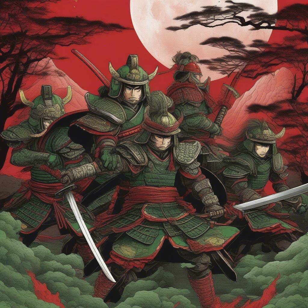 Une intense bataille de samouraïs se déroule sous un ciel rouge sang, avec des guerriers armés prêts au combat. La figure centrale est prête, tandis que deux autres la flanquent dans cette illustration anime détaillée.